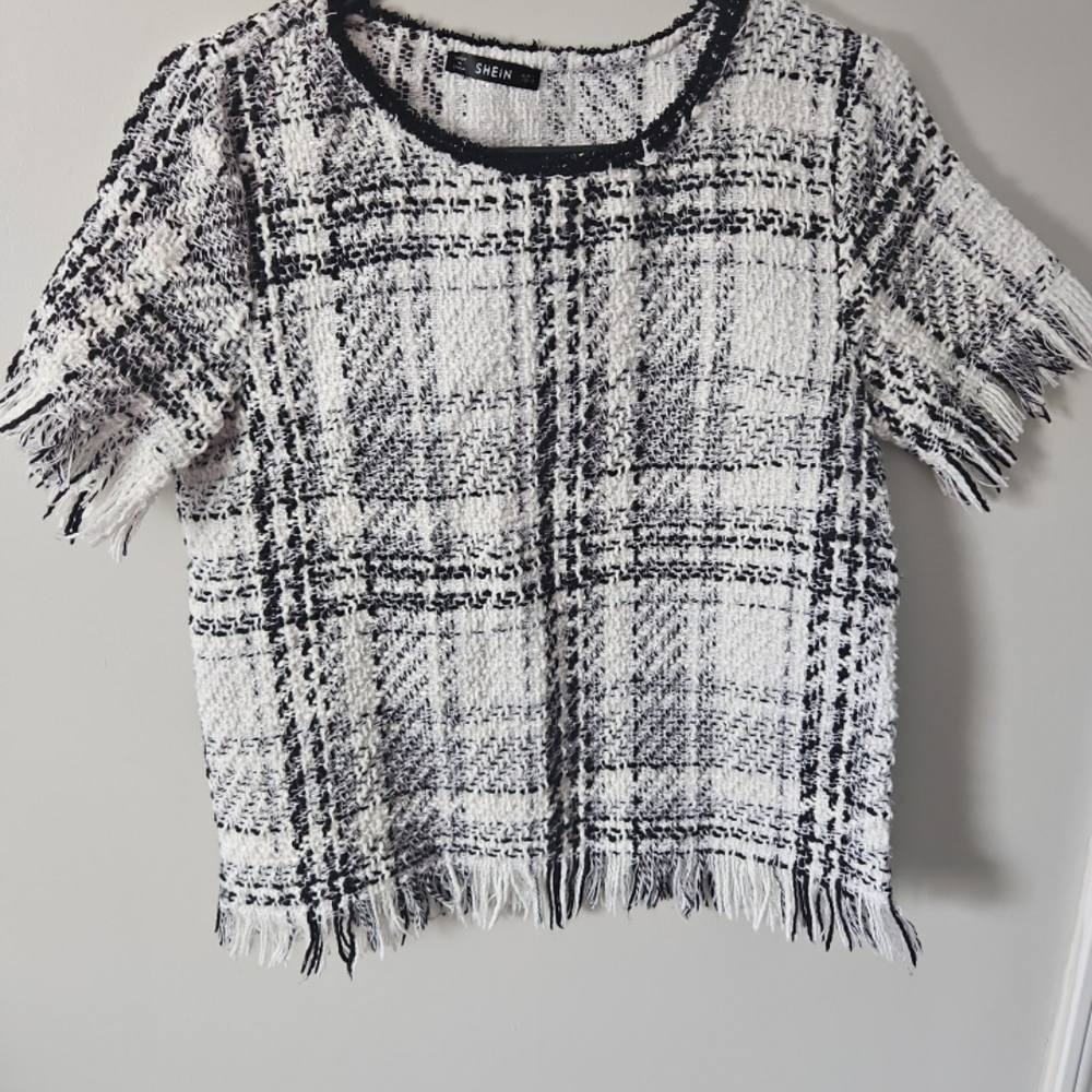 SHEIN Black and White Plaid Tweed Fringe Short Sleeve Top